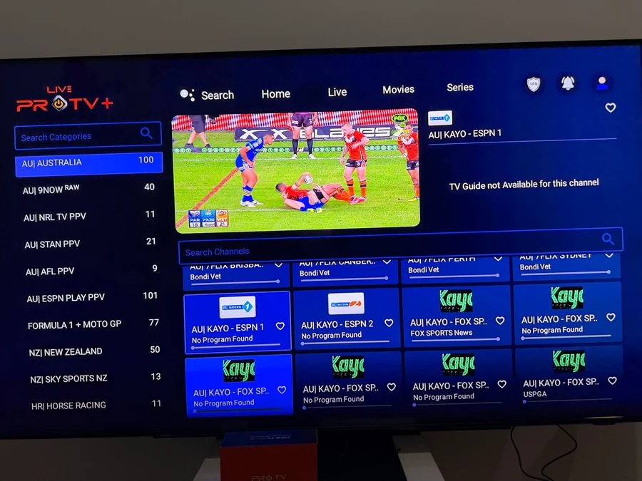 ProTV Live sports channel browsing